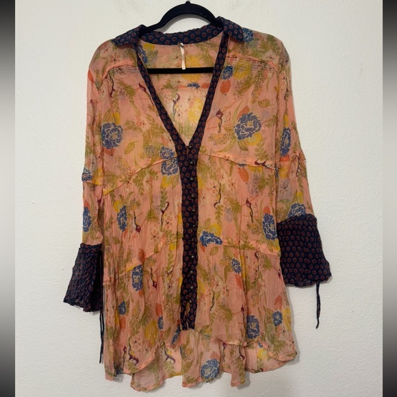 Free People Thunder Canyon Sheer Button Up Tunic Blouse Boho Small - Picture 2 of 10
